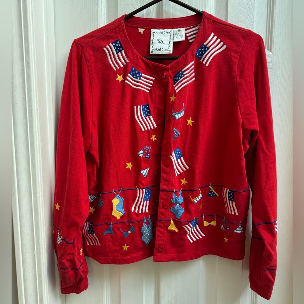 Vintage Michael Simon Lite Cardigan Jacket top embroidered flags Medium